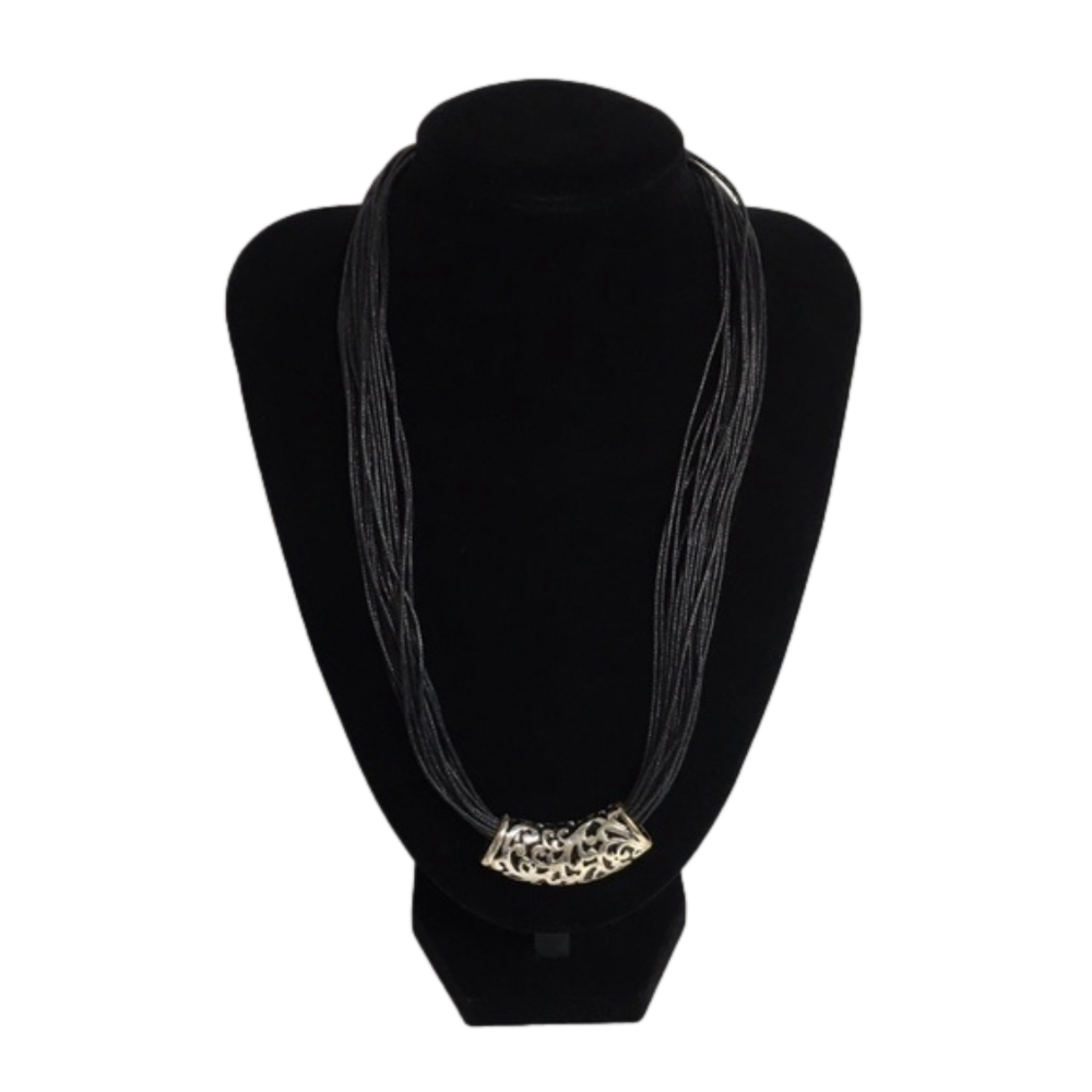 𝅺black Leather Statement Necklace with Silver Slide